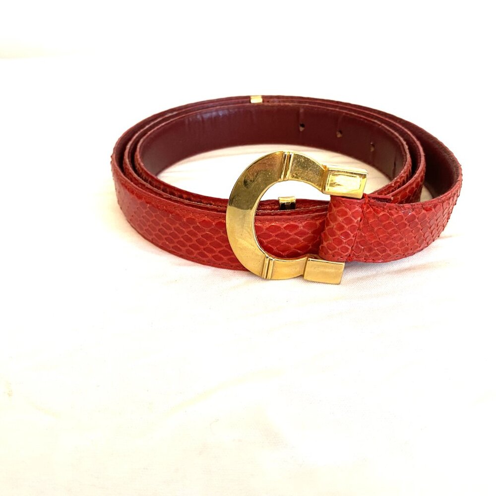 Robin Kahn Red Reptile-Skin Belt With Gold-Colored Buckle